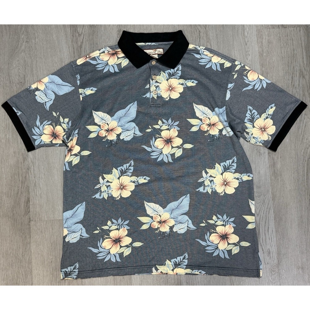 Paradise Blue Floral Polo Shirt Men's Large Short Sleeve Gray Floral Tropical